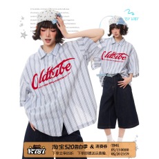 批发HTTAOSUP复古条纹<b class='q'>棒球</b>衬衫男女宽松美式潮牌嘻哈街舞短袖上衣<b class='q'>外套</b>