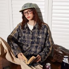 设计感刺绣扎染格子衬衫男女春秋季美式休闲工装复古情侣长袖外套