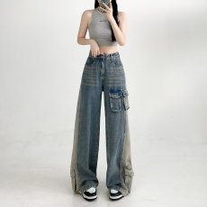 批发高街美式工装牛仔裤女春秋季2024新款复古设计感宽松直筒阔腿裤子