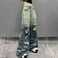 批发美式风复古阔腿牛仔裤女夏季新款宽松百搭破洞设计感直筒裤子