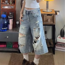 批发美式高街水洗破洞直筒牛仔中裤女夏季新款宽松显瘦阔腿七分牛仔裤