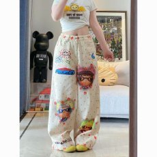 批发美式复古印花牛仔裤男女春秋款裤子直筒阔腿休闲长裤潮