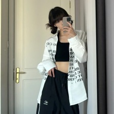 批发美式高街字母印花长袖衬衫男<b class='q'>秋</b>季高级感痞帅白色衬衣小众情侣外套