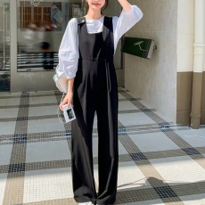 批发夏季休闲吊带连体衣女高腰设计感背带连身阔腿长裤连体裤