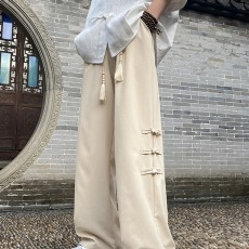 批发新中式国风盘扣裤子<b class='q'>男士</b>夏季新款高级感垂感宽松直筒阔腿休闲长裤
