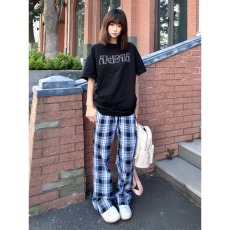 批发蓝色冰丝健身格子裤<b class='q'>男</b>夏薄款美式复古凉感运动<b class='q'>裤子</b>显高休闲直筒裤