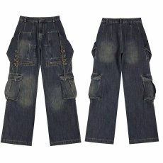 批发重工水洗复古工装<b class='q'>牛仔裤</b>男春秋季美式街头痞帅宽松小众直筒阔腿裤