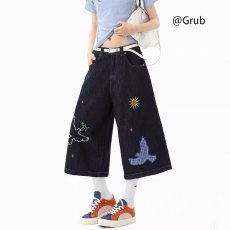 批发美式趣味刺绣高街<b class='q'>牛仔裤</b>七分裤男女夏季新款宽松<b class='q'>休闲</b>直筒阔腿短裤