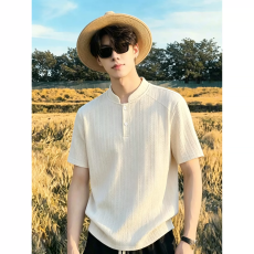 批发麦穗纹亨利领短袖男款夏季老钱风正肩T恤高级感重磅立领polo衫