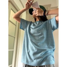 批发蓝色条纹圆领清新T恤女2026夏季新气质简约内搭上衣经典韩版短袖