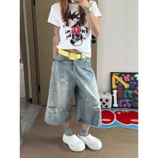 批发水洗做旧破洞复古七分阔腿裤2026夏季宽松<b class='q'>休闲</b>女式<b class='q'>牛仔裤</b>