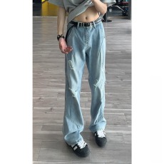 批发浅蓝色破洞微喇<b class='q'>牛仔裤</b>男款美式cleanfit高级感裤子宽松<b class='q'>休闲</b>直筒裤