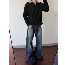 批发美式复古泼墨直筒<b class='q'>牛仔裤</b>男女春秋高腰水洗做旧宽松显瘦微喇裤