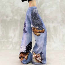 批发个性印花水洗垂感<b class='q'>休闲</b><b class='q'>牛仔裤</b>女春新款高腰宽松显瘦百搭直筒宽裤