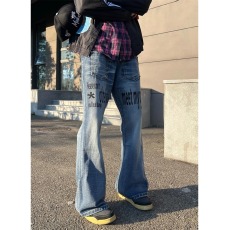 批发美式高街覆古小众标语铆钉微喇牛仔裤男<b class='q'>女</b>潮牌休闲修身百搭<b class='q'>长裤</b>子