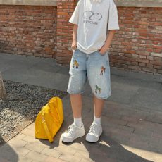 批发美式休闲痞帅复古刺绣刮烂牛仔短裤<b class='q'>男</b>直筒宽松高街五分<b class='q'>裤子</b>潮