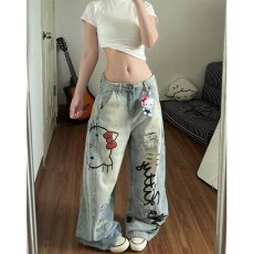 批发美式卡通印花直筒牛仔裤女2025新款<b class='q'>高腰</b>宽松显瘦百搭阔腿长裤子潮