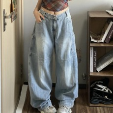 批发美式高街印花牛仔<b class='q'>裤</b>女春款2026新款水洗阔腿工装<b class='q'>裤</b>休闲直筒长<b class='q'>裤</b>子