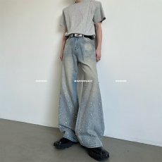 批发满天星烫钻牛仔裤男女春季新款<b class='q'>高腰</b>宽松<b class='q'>阔脚裤</b>休闲直筒拖地长裤