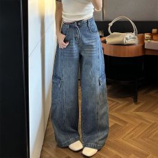 批发斜纹提花设计牛仔裤女春秋季高街风垂感<b class='q'>高腰</b>显瘦休闲百搭<b class='q'>阔腿裤</b>子