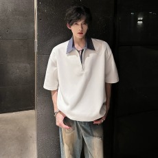 批发cleanfit半拉炼短袖<b class='q'>男</b>款夏季痞帅高级感衬衫领<b class='q'>T</b><b class='q'>恤</b>重磅正肩Polo衫