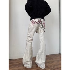 批发白色十字架绑带微喇牛仔裤男ing美式高街喇叭<b class='q'>修身</b>工装裤子夏季