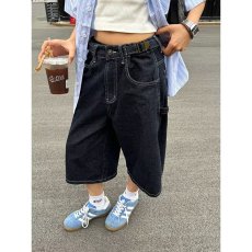 批发美式复古黑灰色牛仔中裤女夏季新款高腰小个子直筒阔腿裤七分<b class='q'>裤子</b>