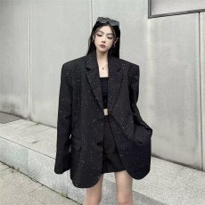 批发黑色亮片<b class='q'>西服</b>男高级感痞帅冬季男士时尚轻奢廓形发型师西装粗花呢