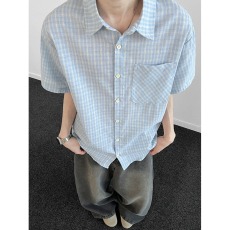 批发浅蓝色短袖工装<b class='q'>格子</b>衬衫男款夏季潮牌开衫半袖衬衣宽松高级感<b class='q'>外套</b>