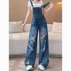 批发港风复古水洗破洞牛仔背带裤女夏新款宽松显瘦<b class='q'>连体裤</b>直筒阔腿<b class='q'>长裤</b>