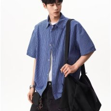 批发慵懒夏季男生美式<b class='q'>格子</b>衬衫短袖情侣男士宽松休闲蓝色衬衣新款气质