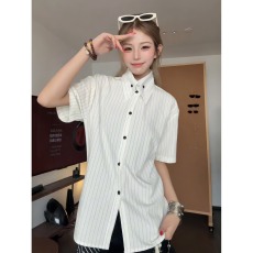 批发cleanfit老钱风白色<b class='q'>条纹</b>短袖<b class='q'>衬衫</b>男女夏季多纽扣设计感中性风<b class='q'>衬衣</b>