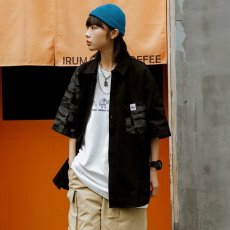 批发日系复古短袖<b class='q'>衬衫</b><b class='q'>男生</b>夏季薄款不对称印花工装<b class='q'>衬衣</b>痞帅休闲上衣潮