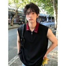 批发黑色解构撞色拼接无袖坎肩男生夏天背心半拉链设计感高街重磅<b class='q'>汗衫</b>
