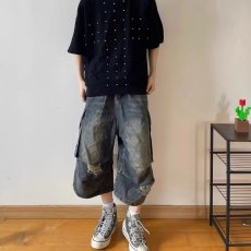 批发夏季做旧破洞七分牛仔裤男<b class='q'>女</b>褶皱设计感街头多口袋百搭短裤