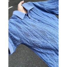 批发米白色肌理感针织<b class='q'>polo</b><b class='q'>衫</b><b class='q'>男</b>夏季网孔透气凉感t恤小众日系情侣上衣