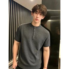批发高端美式复古重磅亨利领短袖Polo衫男老钱风休闲半袖修身针织T恤