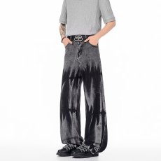 批发高端复古松紧腰扎染牛仔裤男款<b class='q'>春秋</b>季宽松直筒时尚简约休闲长裤子