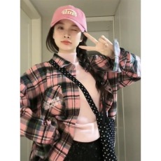 批发<b class='q'>韩版</b>hiphop撞色格子长袖<b class='q'>衬衫女</b>夏季宽松oversize慵懒风百搭外套潮