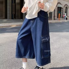 批发美式复古蓝色满印波点牛仔短裤<b class='q'>男</b>女夏季休闲工装风多口袋七分中裤