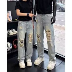 批发美式复古水洗做旧破洞牛仔裤<b class='q'>男</b>宽松直筒潮牌痞帅微喇叭设计感裤子