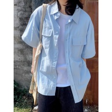 批发浅蓝色翻领短袖衬衫<b class='q'>男生</b>2025新款夏季宽松百搭休闲工装衬衣