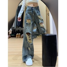 批发美式复古乞丐破洞牛仔裤男女款2026夏季流行单品潮牌宽松阔腿裤子