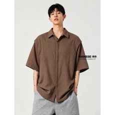 批发老钱风仿亚麻假两件衬衫<b class='q'>男生</b>短袖夏季高级感日系复古休闲衬衣<b class='q'>外套</b>