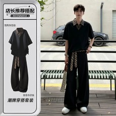 批发美式复古假两件短袖T恤夏季<b class='q'>男生</b>ootd酷帅穿搭套装老钱设计两件套