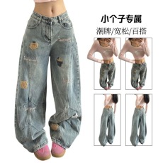 批发小个子美式复古小狗植绒刺绣阔腿牛仔裤女春季宽松显瘦垂感拖地裤
