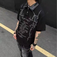 批发美式暗黑高街PU皮拼接翻领短袖T恤男款华夫格夏季宽松polo衫上衣