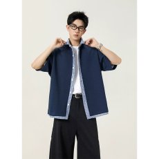 批发美式假两件格纹POLO短袖女<b class='q'>男</b>夏季复古学院风宽松休闲百搭<b class='q'>衬衣</b>