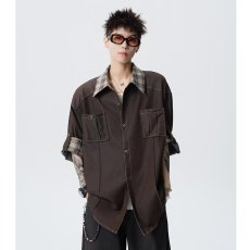 批发痞帅复古短袖<b class='q'>衬衫</b><b class='q'>男</b>夏季宽松格纹撞色<b class='q'>衬衣</b>韩系潮流百搭翻领寸衣