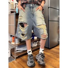批发美式复古破洞水洗牛仔七分<b class='q'>裤</b>男女高街宽松休闲短<b class='q'>裤</b><b class='q'>百搭</b>直筒阔腿<b class='q'>裤</b>